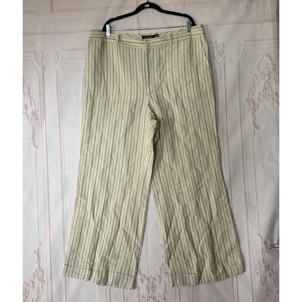 Lauren Ralph Lauren Striped Linen Wide Leg Pants Cream Sz 18W 41x31 READ*